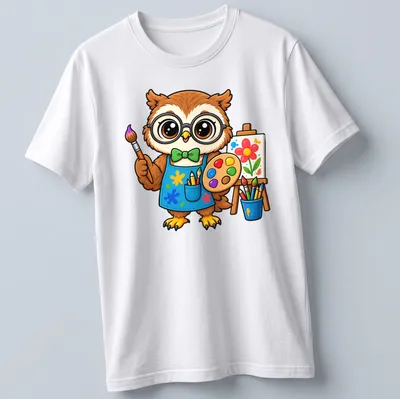 Kawaii owl holding a paint palette in cute cartoon style with bright colors