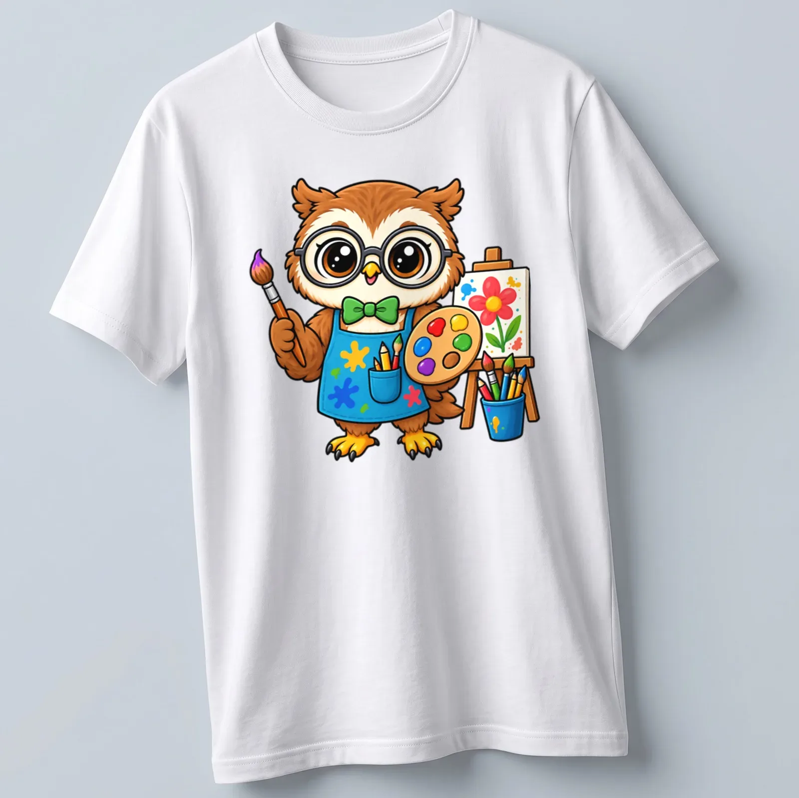 Kawaii owl holding a paint palette in cute cartoon style with bright colors — printed on a unisex t-shirt