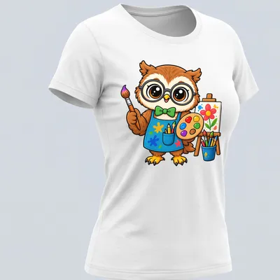 Kawaii owl holding a paint palette in cute cartoon style with bright colors — printed on a women's shirt
