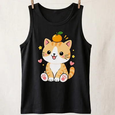Kawaii design of a cute orange tabby cat with orange fruit, featuring a playful style — printed on a tank top