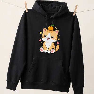 Kawaii design of a cute orange tabby cat with orange fruit, featuring a playful style — printed on a unisex hoodie