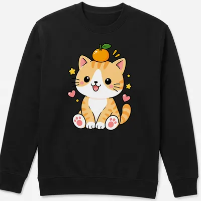 Kawaii design of a cute orange tabby cat with orange fruit, featuring a playful style — printed on a unisex sweatshirt