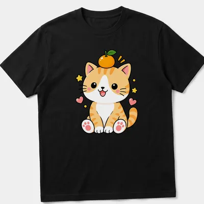 Kawaii design of a cute orange tabby cat with orange fruit, featuring a playful style
