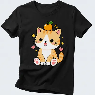 Kawaii design of a cute orange tabby cat with orange fruit, featuring a playful style — printed on a women's shirt
