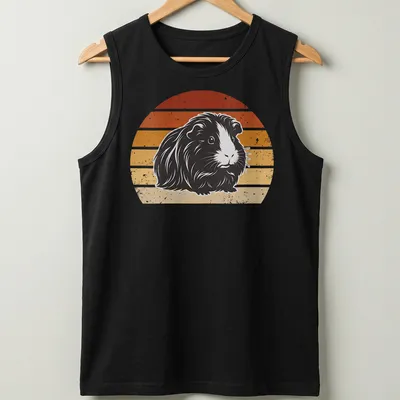 Retro distressed print of a long-haired guinea pig surrounded by rainbow colors — printed on a tank top