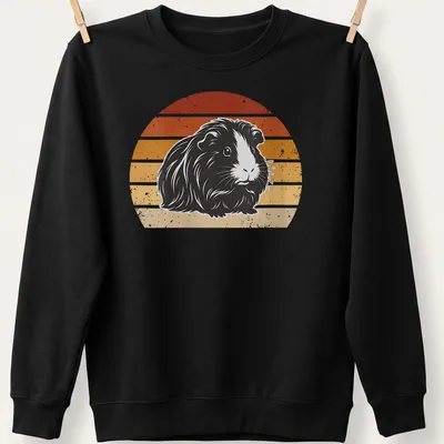 Retro distressed print of a long-haired guinea pig surrounded by rainbow colors — printed on a unisex sweatshirt