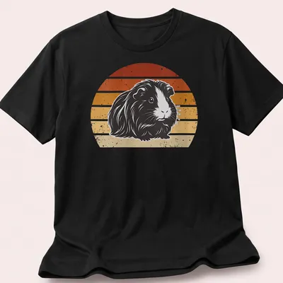 Retro distressed print of a long-haired guinea pig surrounded by rainbow colors