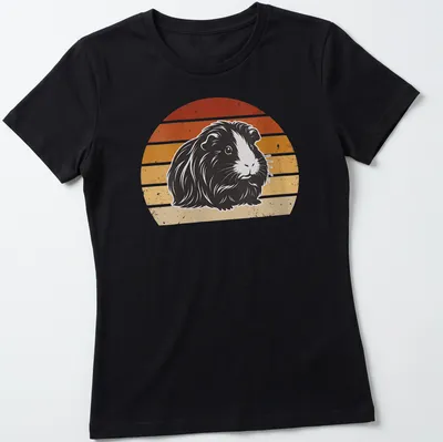 Retro distressed print of a long-haired guinea pig surrounded by rainbow colors — printed on a women's shirt
