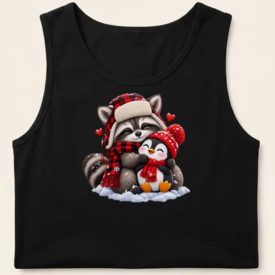 Kawaii design featuring a cute raccoon and penguin hugging in winter attire — printed on a tank top