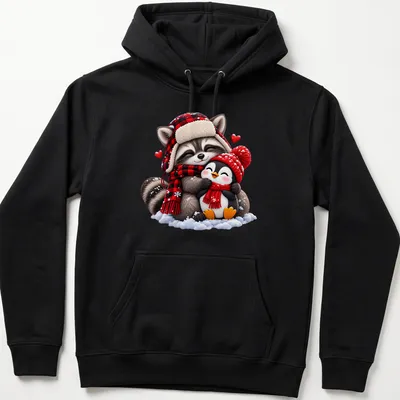 Kawaii design featuring a cute raccoon and penguin hugging in winter attire — printed on a unisex hoodie
