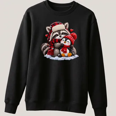 Kawaii design featuring a cute raccoon and penguin hugging in winter attire — printed on a unisex sweatshirt