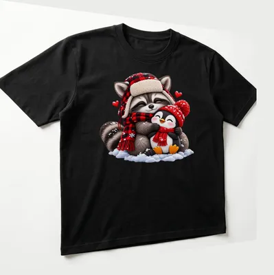 Kawaii design featuring a cute raccoon and penguin hugging in winter attire — printed on a unisex t-shirt (angled view)
