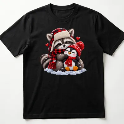 Kawaii design featuring a cute raccoon and penguin hugging in winter attire