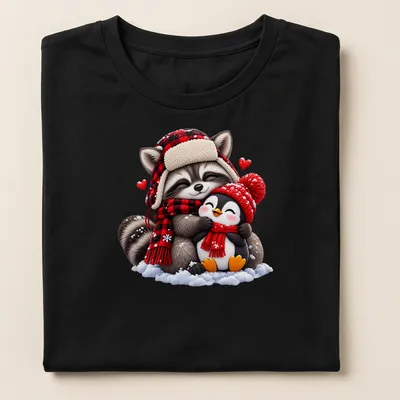 Kawaii design featuring a cute raccoon and penguin hugging in winter attire — printed on a women's shirt