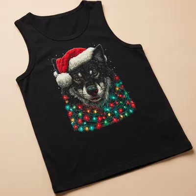 Illustration of a cute wolf wearing a Santa hat with Christmas lights — printed on a tank top