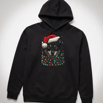 Illustration of a cute wolf wearing a Santa hat with Christmas lights — printed on a unisex hoodie