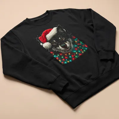 Illustration of a cute wolf wearing a Santa hat with Christmas lights — printed on a unisex sweatshirt