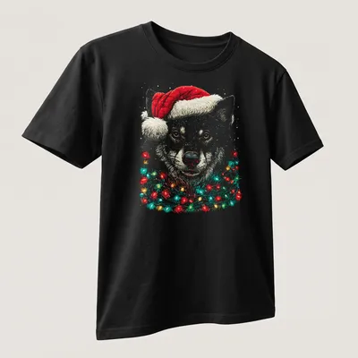Illustration of a cute wolf wearing a Santa hat with Christmas lights — printed on a unisex t-shirt (angled view)