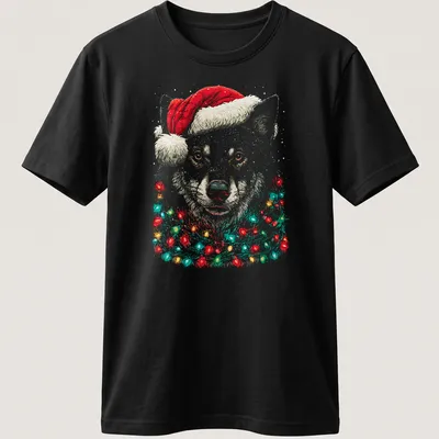 Illustration of a cute wolf wearing a Santa hat with Christmas lights