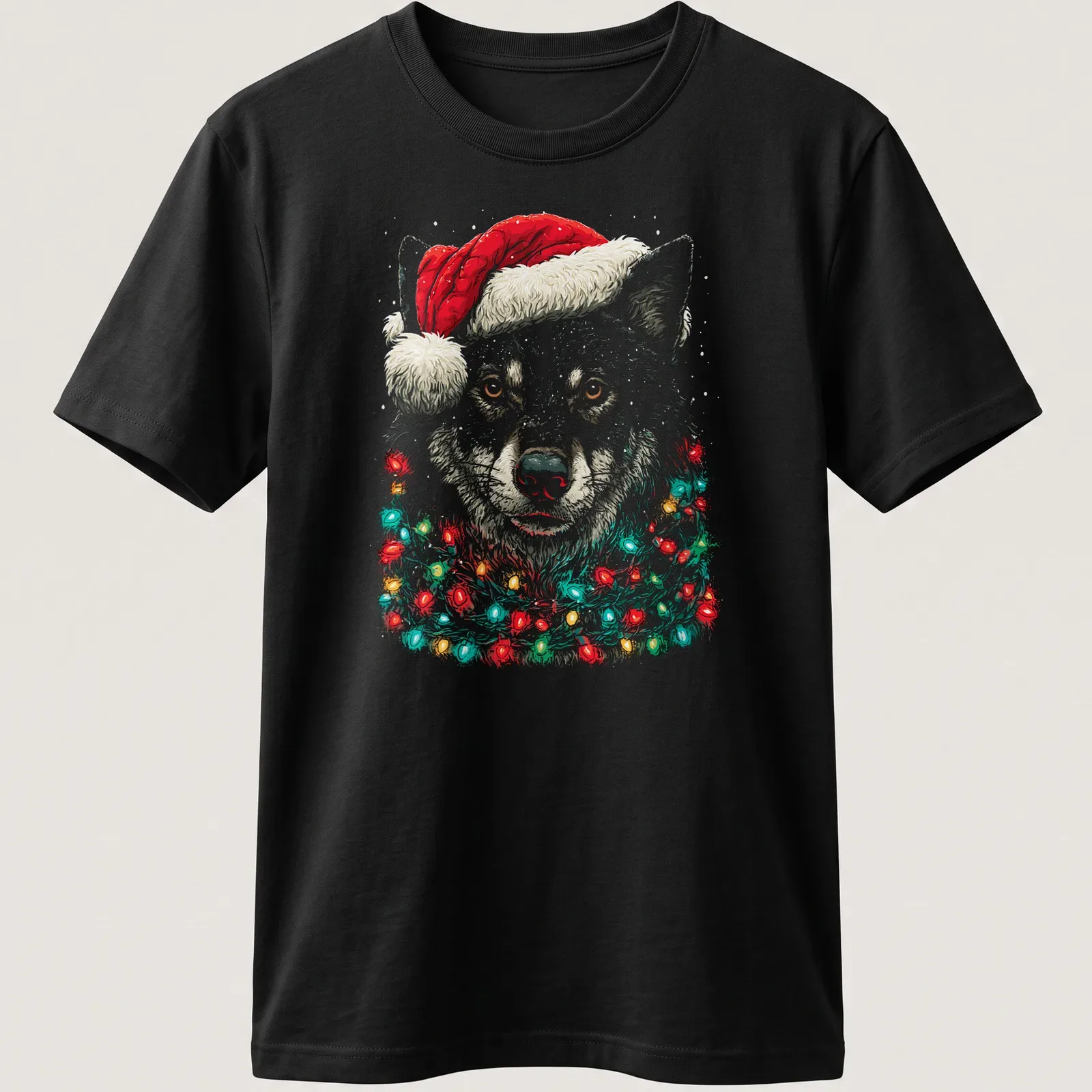 Illustration of a cute wolf wearing a Santa hat with Christmas lights — printed on a unisex t-shirt