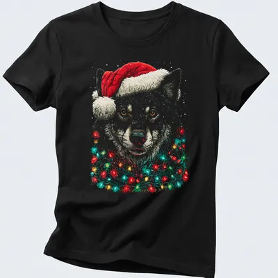 Illustration of a cute wolf wearing a Santa hat with Christmas lights — printed on a women's shirt