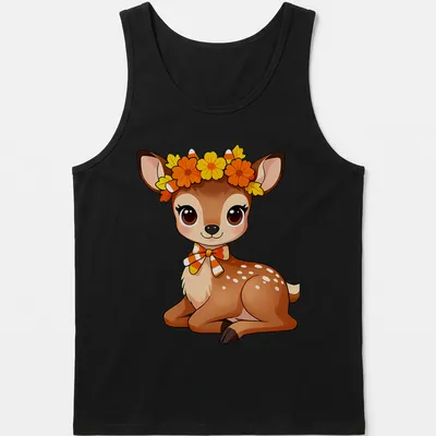 Kawaii woodland fawn with candy corn floral crown in brown, orange, yellow, and white — printed on a tank top