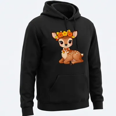 Kawaii woodland fawn with candy corn floral crown in brown, orange, yellow, and white — printed on a unisex hoodie