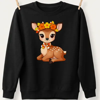Kawaii woodland fawn with candy corn floral crown in brown, orange, yellow, and white — printed on a unisex sweatshirt