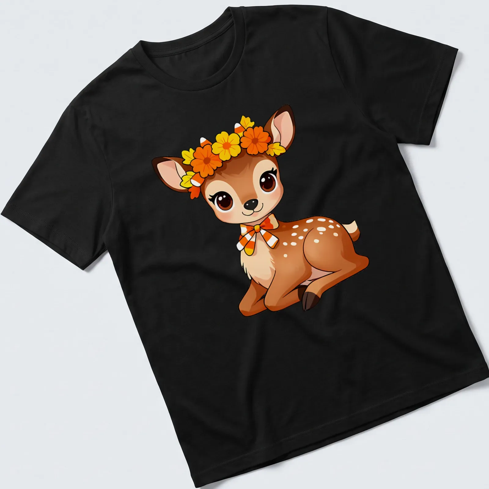 Kawaii woodland fawn with candy corn floral crown in brown, orange, yellow, and white — printed on a unisex t-shirt