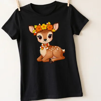 Kawaii woodland fawn with candy corn floral crown in brown, orange, yellow, and white — printed on a women's shirt