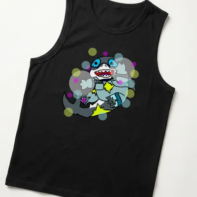 Colorful cartoon shark character Dazzler Jeff t-shirt with playful design — printed on a tank top