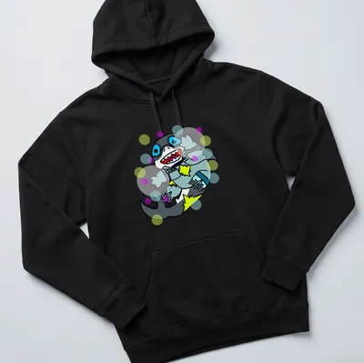 Colorful cartoon shark character Dazzler Jeff t-shirt with playful design — printed on a unisex hoodie