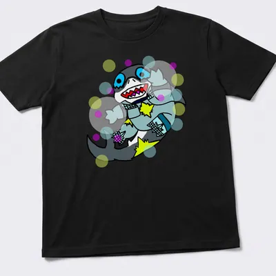 Colorful cartoon shark character Dazzler Jeff t-shirt with playful design — printed on a unisex t-shirt