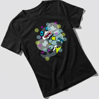 Colorful cartoon shark character Dazzler Jeff t-shirt with playful design — printed on a women's shirt