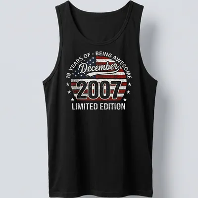 Vintage distressed USA flag t-shirt celebrating 19 years of being awesome — printed on a tank top