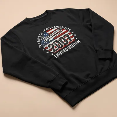 Vintage distressed USA flag t-shirt celebrating 19 years of being awesome — printed on a unisex sweatshirt