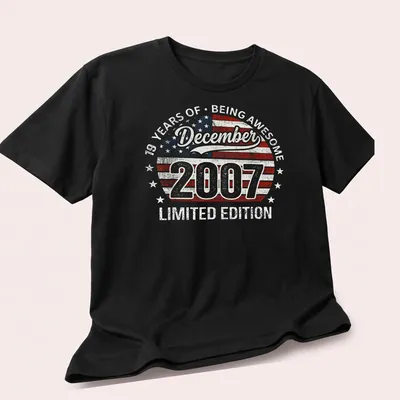 Vintage distressed USA flag t-shirt celebrating 19 years of being awesome — printed on a unisex t-shirt (angled view)