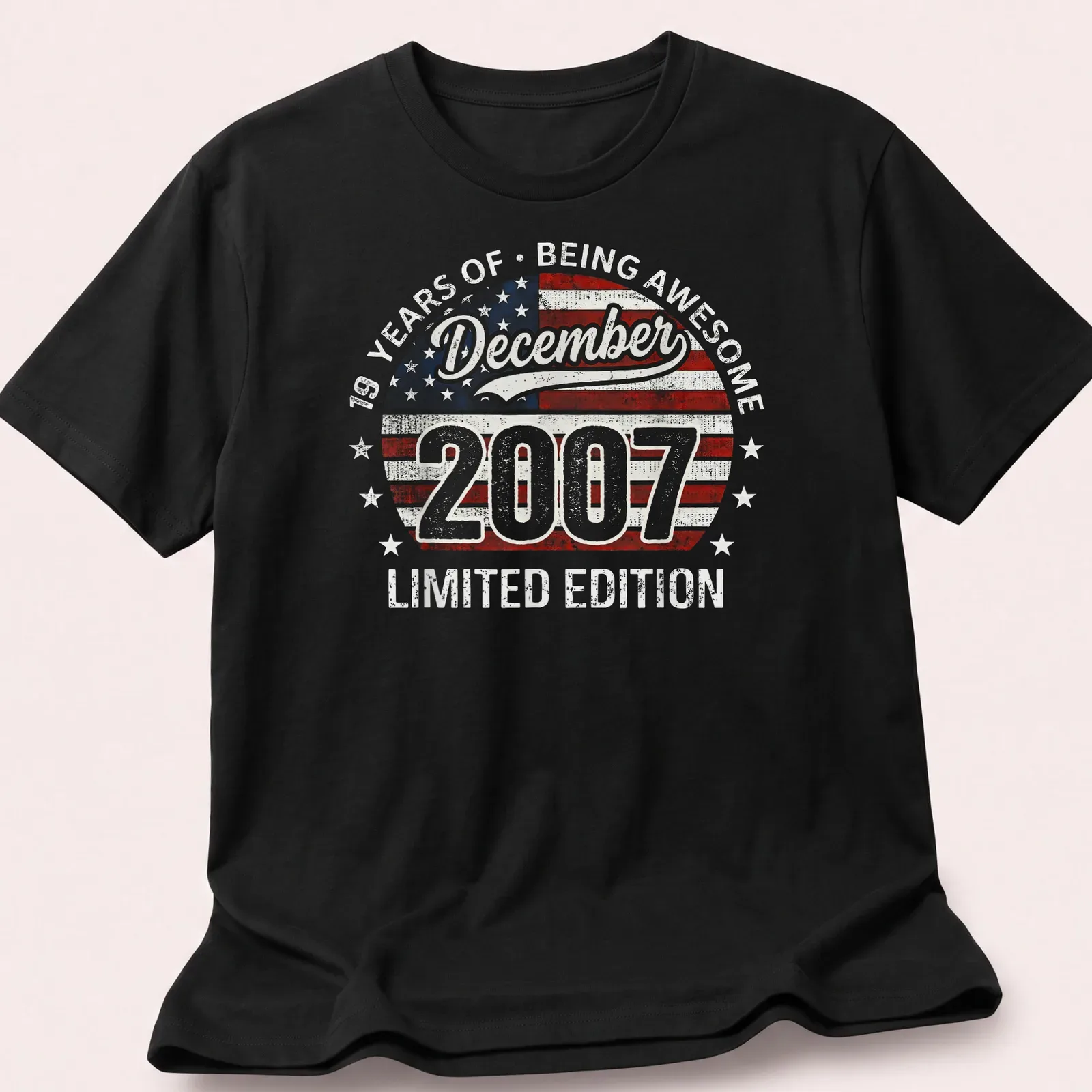 Vintage distressed USA flag t-shirt celebrating 19 years of being awesome — printed on a unisex t-shirt