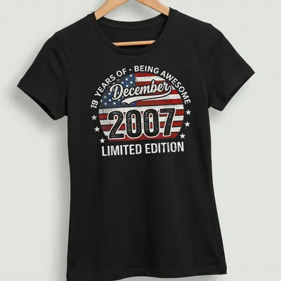 Vintage distressed USA flag t-shirt celebrating 19 years of being awesome — printed on a women's shirt