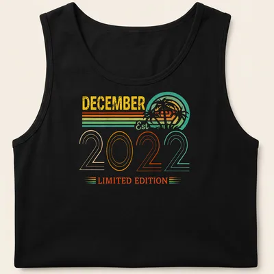 Retro design of palm trees with December Est 2022 Limited Edition text in bright colors. — printed on a tank top