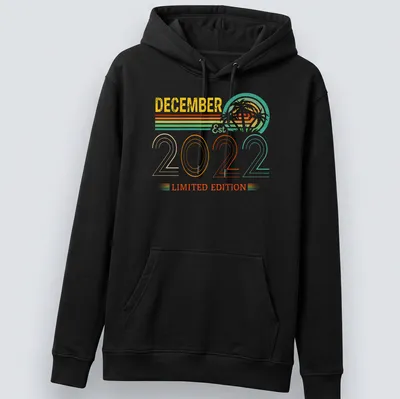 Retro design of palm trees with December Est 2022 Limited Edition text in bright colors. — printed on a unisex hoodie