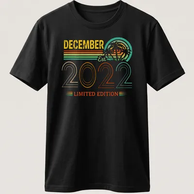 Retro design of palm trees with December Est 2022 Limited Edition text in bright colors.