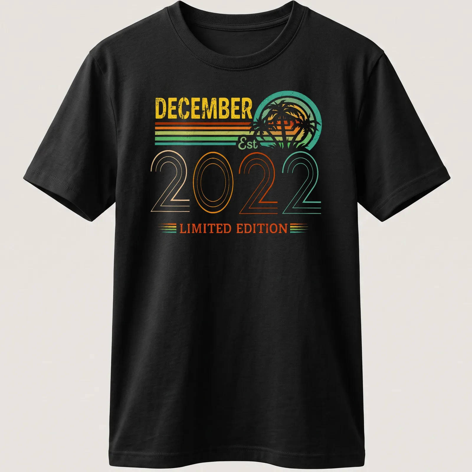 Retro design of palm trees with December Est 2022 Limited Edition text in bright colors. — printed on a unisex t-shirt