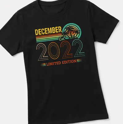 Retro design of palm trees with December Est 2022 Limited Edition text in bright colors. — printed on a women's shirt