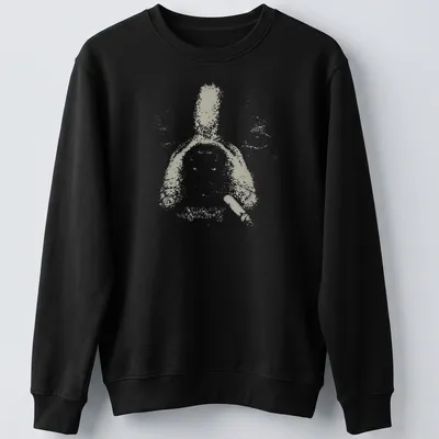 Cartoon Boston Terrier humorously smoking a cigarette in light gray and white — printed on a unisex sweatshirt