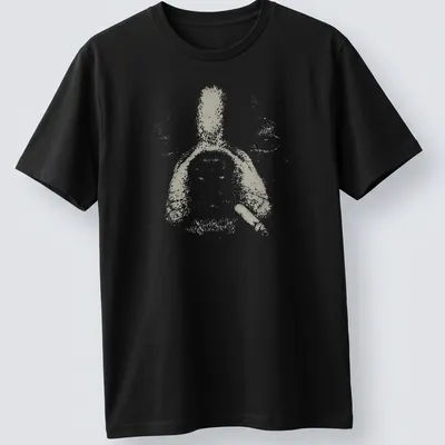 Cartoon Boston Terrier humorously smoking a cigarette in light gray and white