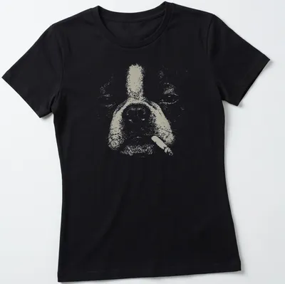 Cartoon Boston Terrier humorously smoking a cigarette in light gray and white — printed on a women's shirt