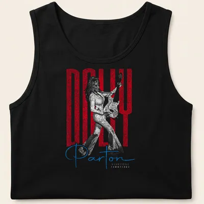 Distressed portrait of Dolly Parton with text in red, white, and blue — printed on a tank top