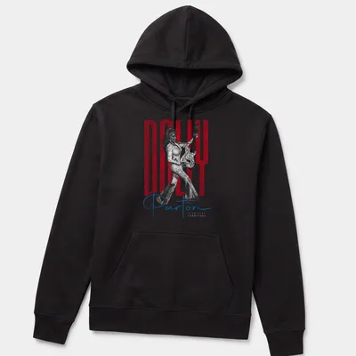 Distressed portrait of Dolly Parton with text in red, white, and blue — printed on a unisex hoodie