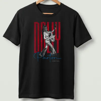 Distressed portrait of Dolly Parton with text in red, white, and blue